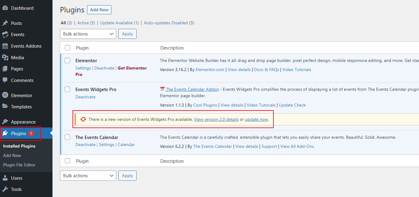 events widget pro update plugin